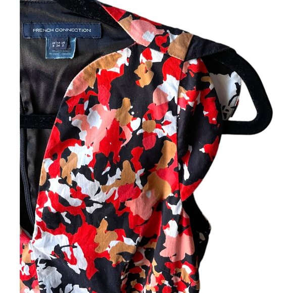 French Connection Size 2 Red Orange Black Floral Print V-Neck Sheath Mini Dress - Picture 4 of 16